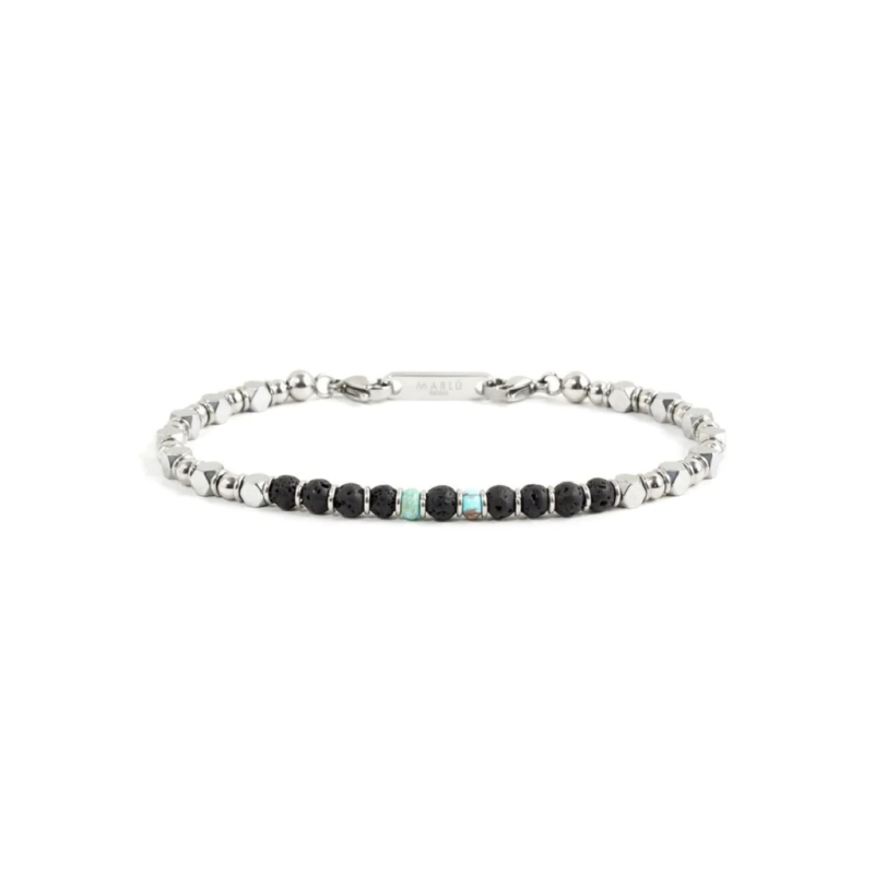 Bracciale Uomo Marlù 1BR0009 in Acciaio Argento con Pietre Laiche Nere, Turchese Bracciale Uomo Marlù 1BR0009 in Acciaio Argento con Pietre Laiche Nere, Turchese