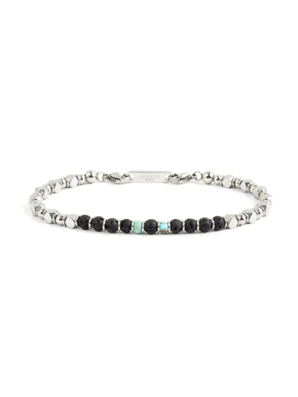 Bracciale Uomo Marlù 1BR0009 in Acciaio Argento con Pietre Laiche Nere