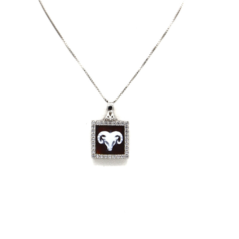 Collana Donna in Argento 925% con Ciondolo Segno Zodiacale Ariete Cammeo con