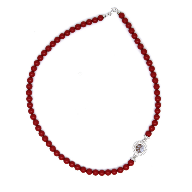 Collana Donna Nadir in Pasta di Corallo Rosso, Centrale in Argento 925 45cm