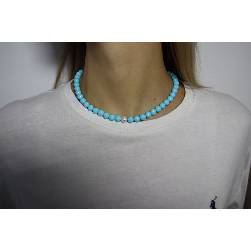 Collana Nadir Donna Pasta di Corallo Turchese con Perla Bianca Coltivata Centrale