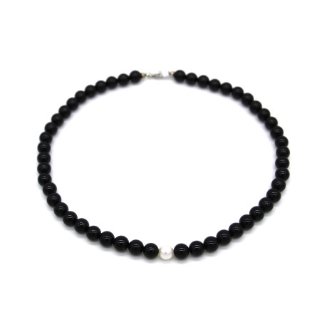 Collana Nadir Donna Pasta di Corallo Nero con Perla Bianca Coltivata Centrale