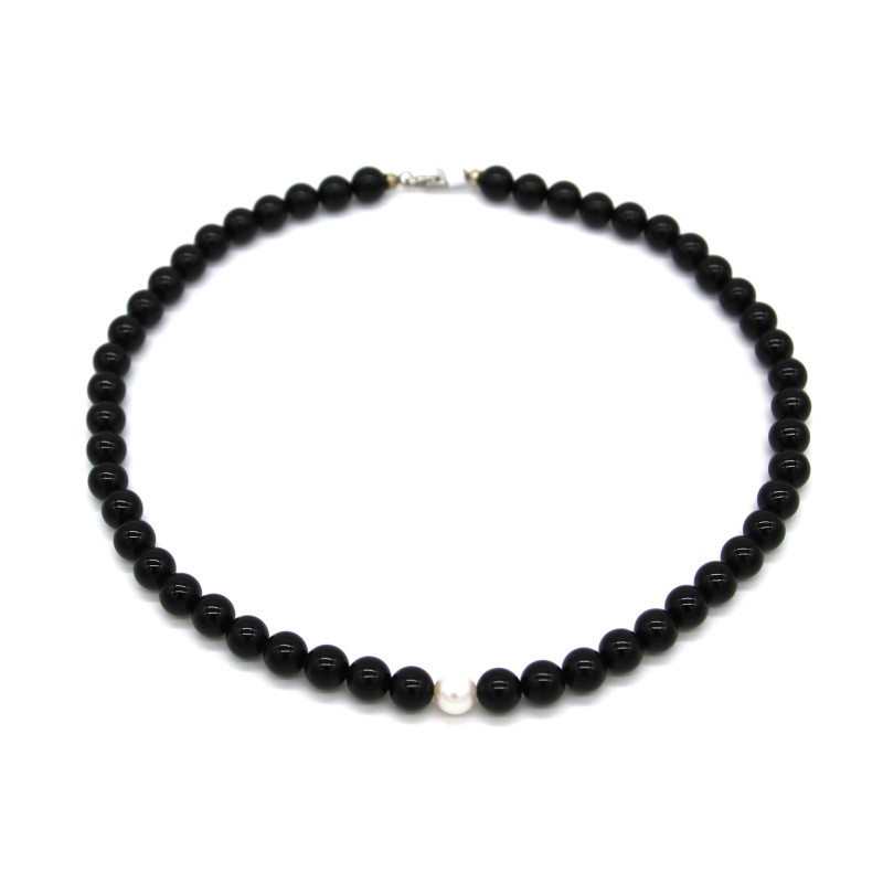 Collana Nadir Donna Pasta di Corallo Nero con Perla Bianca Coltivata Centrale