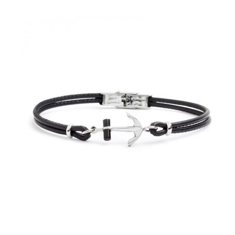 Bracciale Uomo Marlù Man Class 4BR1817N in Pelle Nero con Centrale Ancora