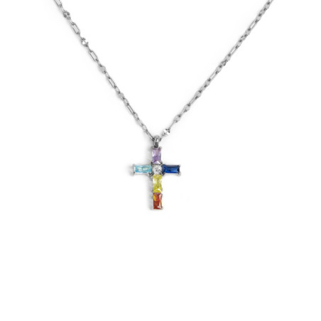 Collana Donna Marlù 31CN0007-RGB Croce Pendente in Acciaio Silver baguette e ZIrconi
