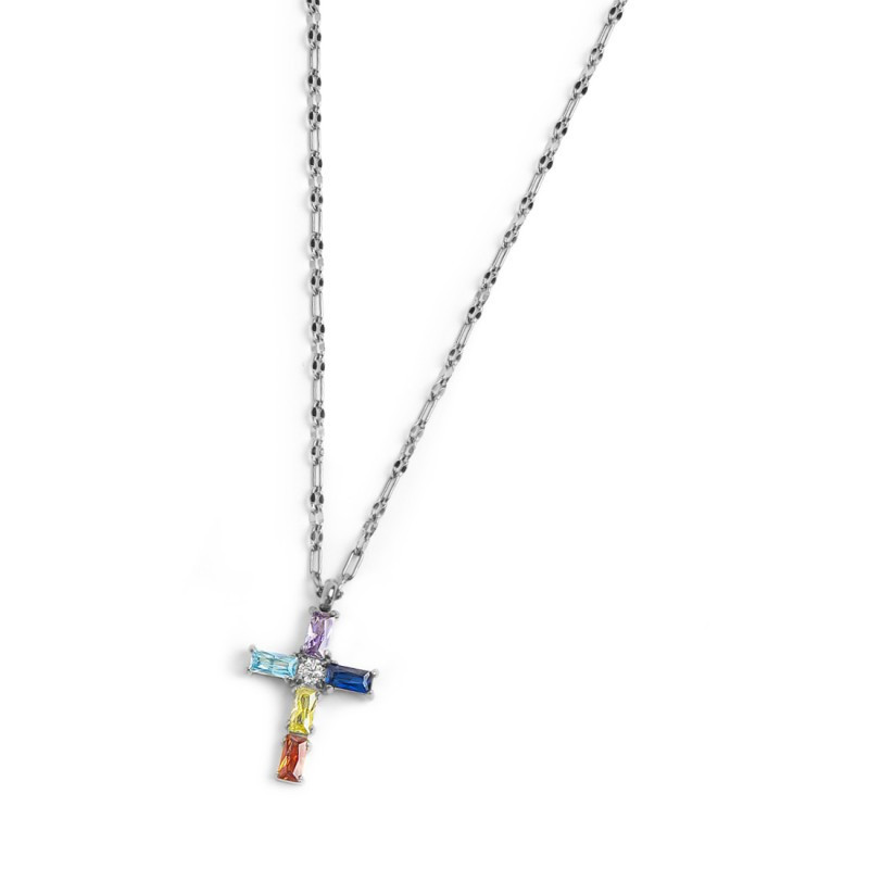 Collana Donna Marlù 31CN0007-RGB Croce Pendente in Acciaio Silver baguette e ZIrconi