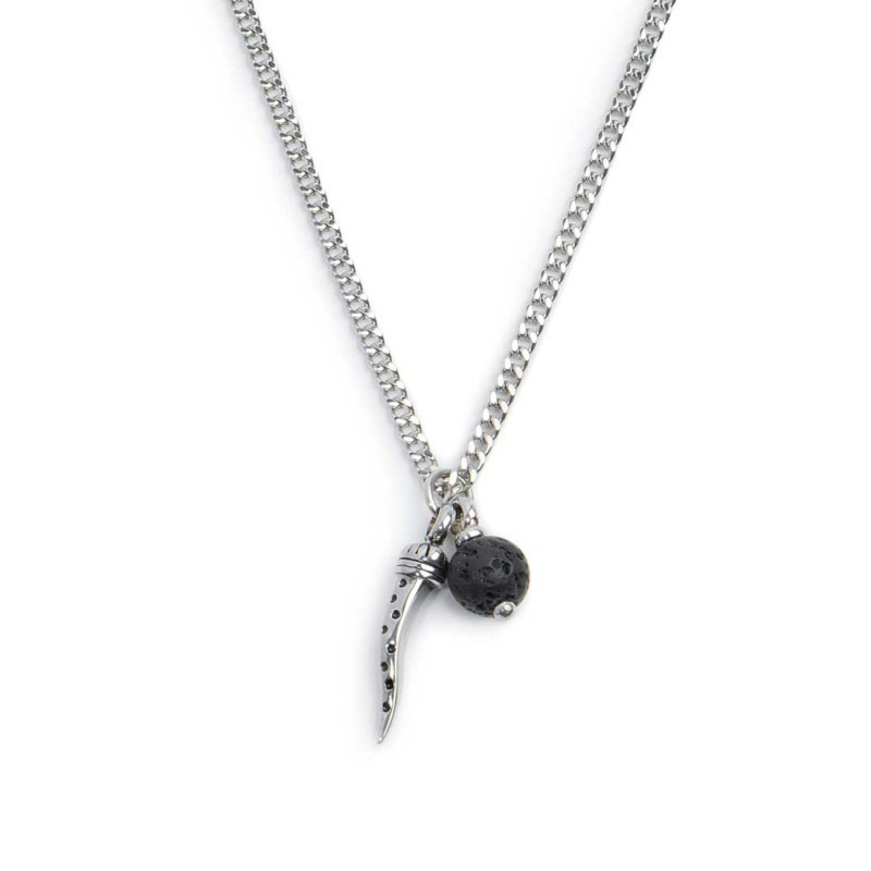 Collana Unisex Marlù 33CO0022-N Acciaio Silver corno pendente e pietra lavica Collana Unisex Marlù 33CO0022-N Acciaio Silver corno pendente e pietra lavica