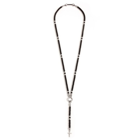 Collana Uomo Marlù Y 1CO0002 in Acciaio con Pietre Onice Nere e Centrale Croce