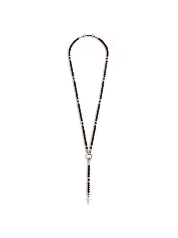 Collana Uomo Marlù Y 1CO0002 in Acciaio con Pietre Onice Nere e Centrale Croce