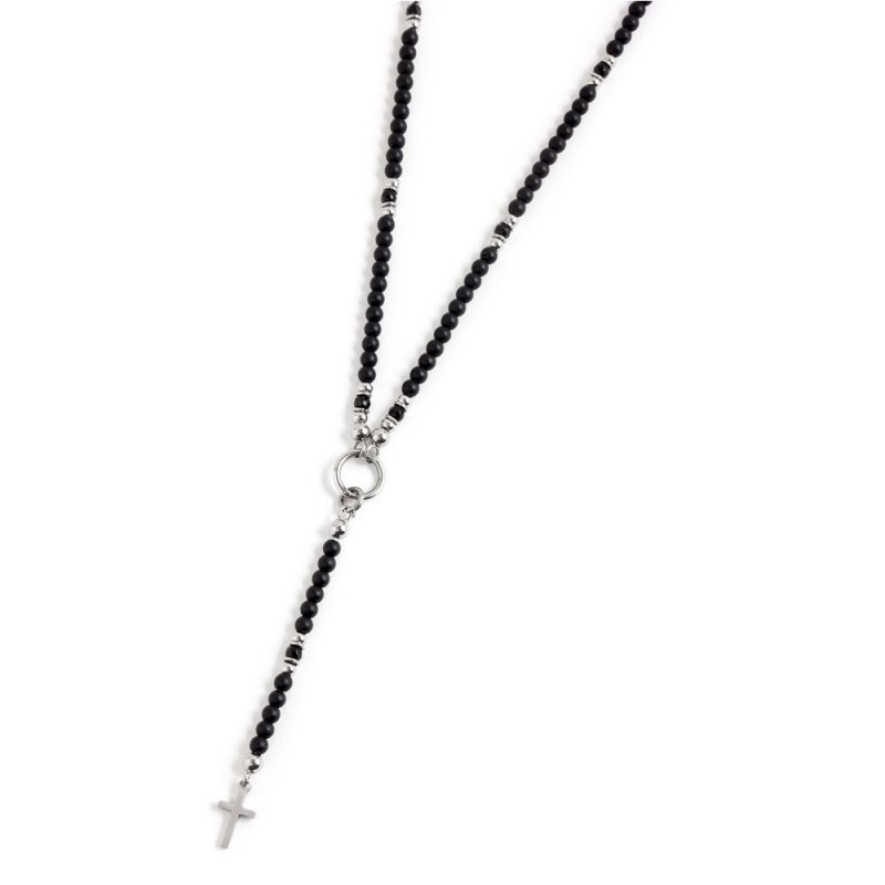 Collana Uomo Marlù Y 1CO0002 in Acciaio con Pietre Onice Nere e Centrale Croce