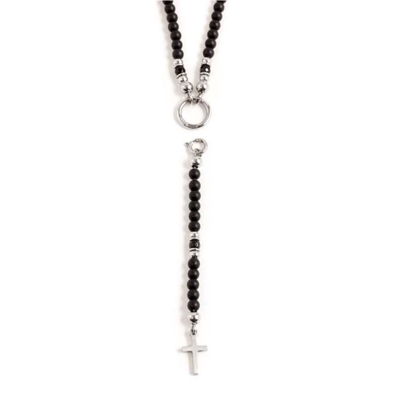 Collana Uomo Marlù Y 1CO0002 in Acciaio con Pietre Onice Nere e Centrale Croce