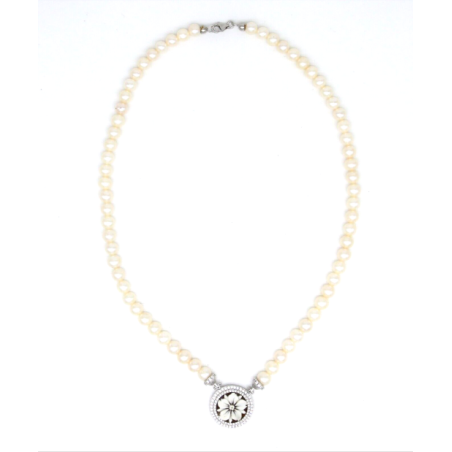 Collana da Donna in Argento 925% con Perle Bianche Coltivate 6/6,5mm Cammeo Centrale Sardonico