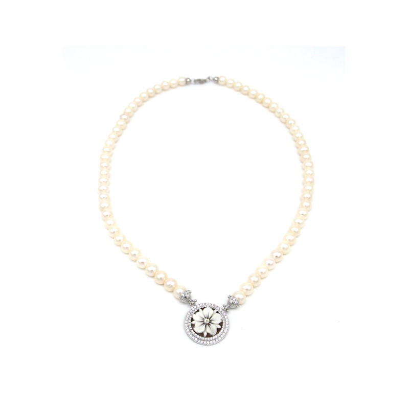 COLLANA DONNA CON PERLE COLTIVATE 6 6.5 CON CENTRALE CAMMEO SARDONICO