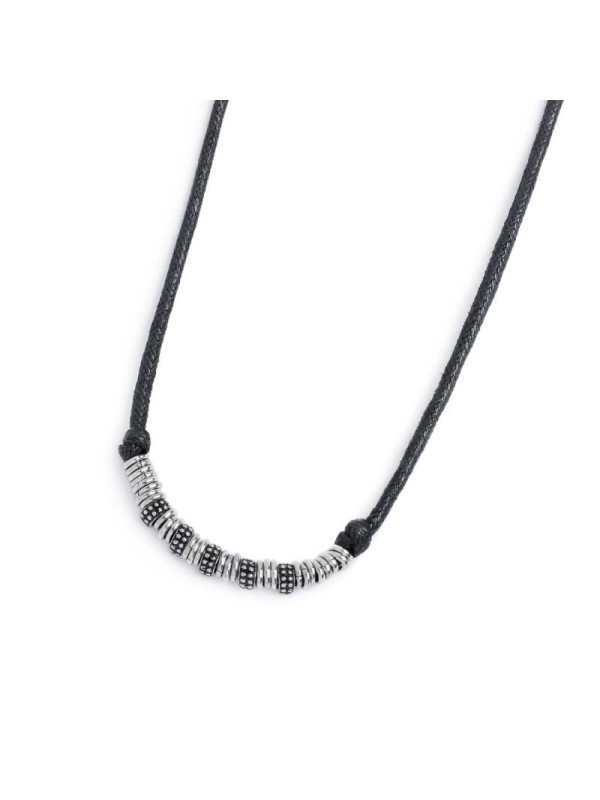 Collana Unisex Marlù cordino strobel elementi in acciaio con trama puntinata nera 33CO0025-N