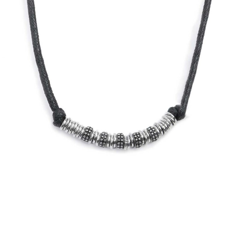 Collana Unisex Marlù cordino strobel elementi in acciaio con trama puntinata nera 33CO0025-N