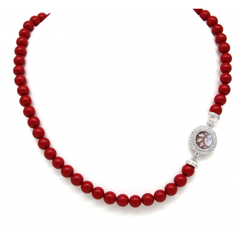 Collana Donna Nadir in Pasta di Corallo Rosso, Centrale in Argento 925 45cm