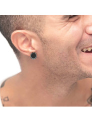 Mono Orecchino unisex Marlù 33OR0050-N a lobo tondo centro smalto nero con bordo trama puntinata