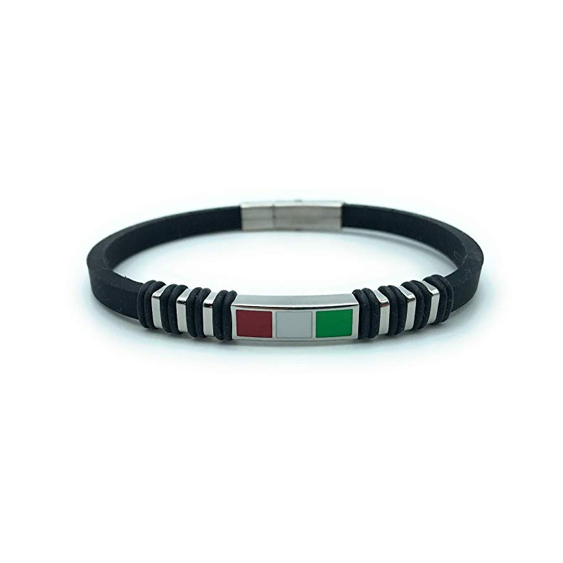 Bracciale Unisex Nadir in Silicone Nero con Bandiera Italia in Acciaio Bracciale Unisex Nadir in Silicone Nero con Bandiera Italia in Acciaio