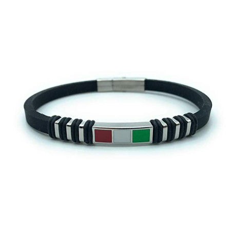 Bracciale Unisex Nadir in Silicone Nero con Bandiera Italia in Acciaio