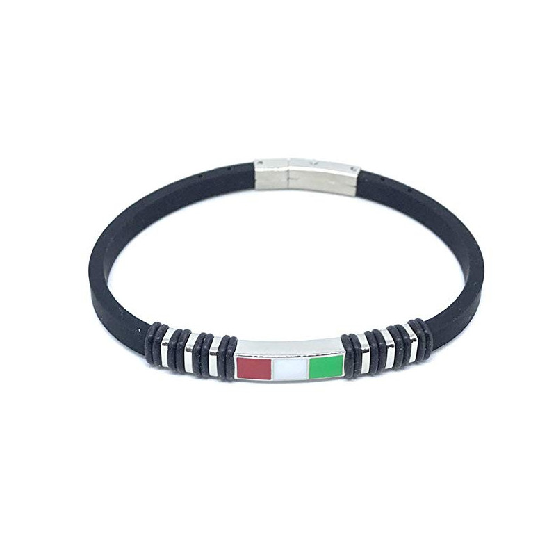 Bracciale Unisex Nadir in Silicone Nero con Bandiera Italia in Acciaio