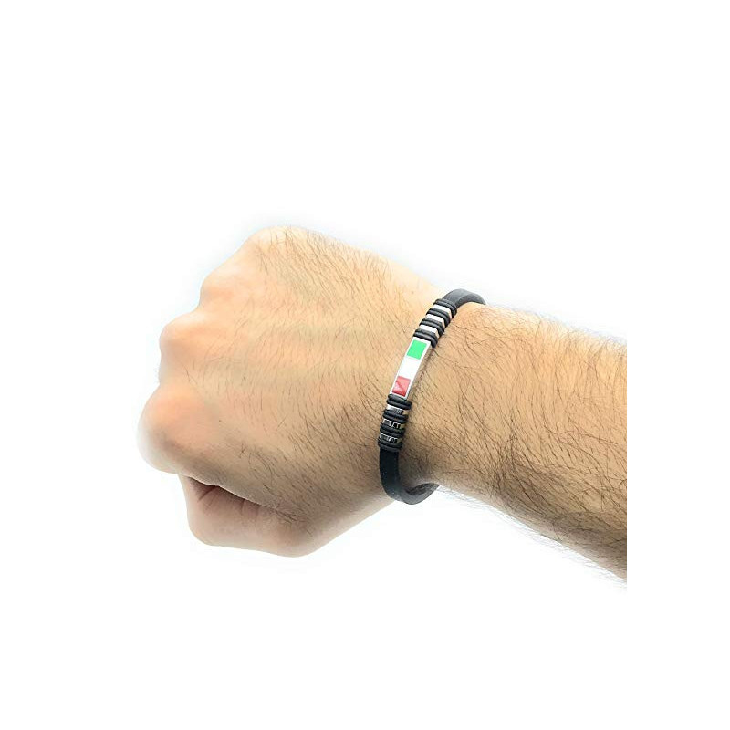 Bracciale Unisex Nadir in Silicone Nero con Bandiera Italia in Acciaio
