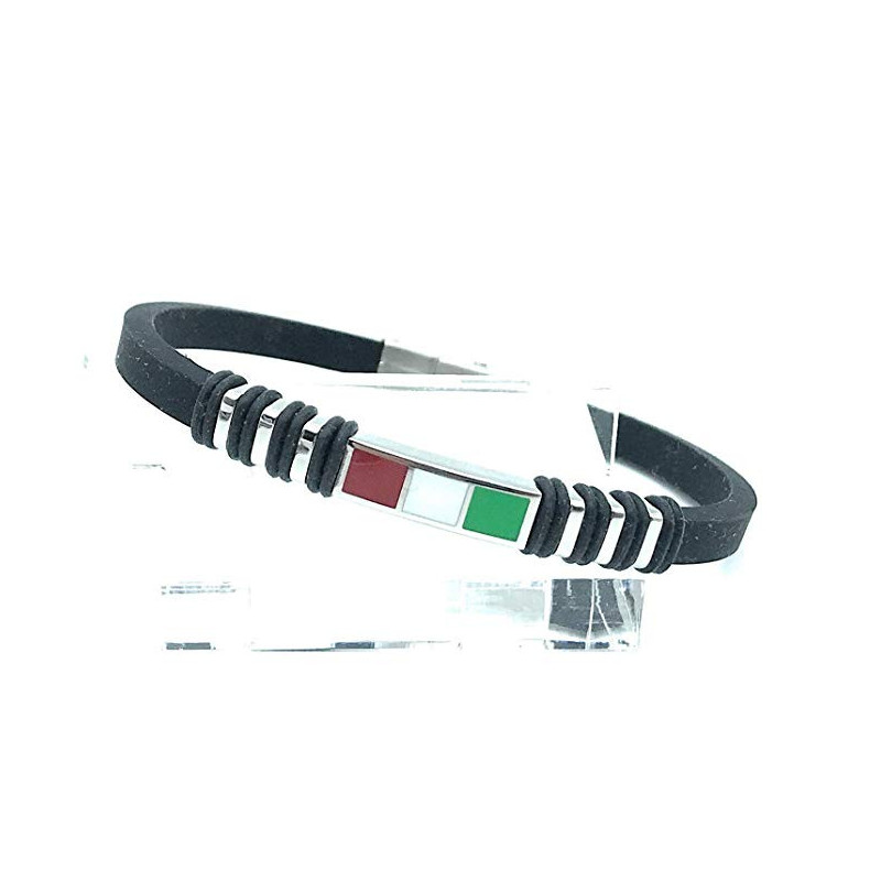 Unisex Nadir Black Silicone Bracelet with Italian Flag in Steel