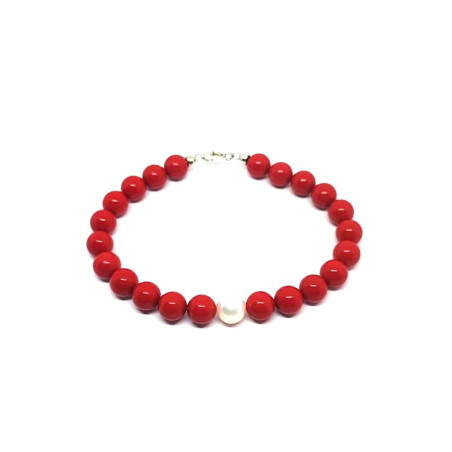 Bracciale Nadir Donna in Pasta di Corallo Rossa con Perla Bianca Coltivata 21cm
