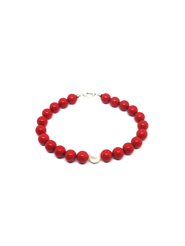 Bracciale Nadir Donna in Pasta di Corallo Rossa con Perla Bianca Coltivata 21cm