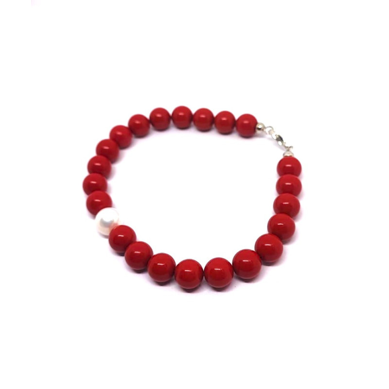 Bracciale Nadir Donna in Pasta di Corallo Rossa con Perla Bianca Coltivata 21cm
