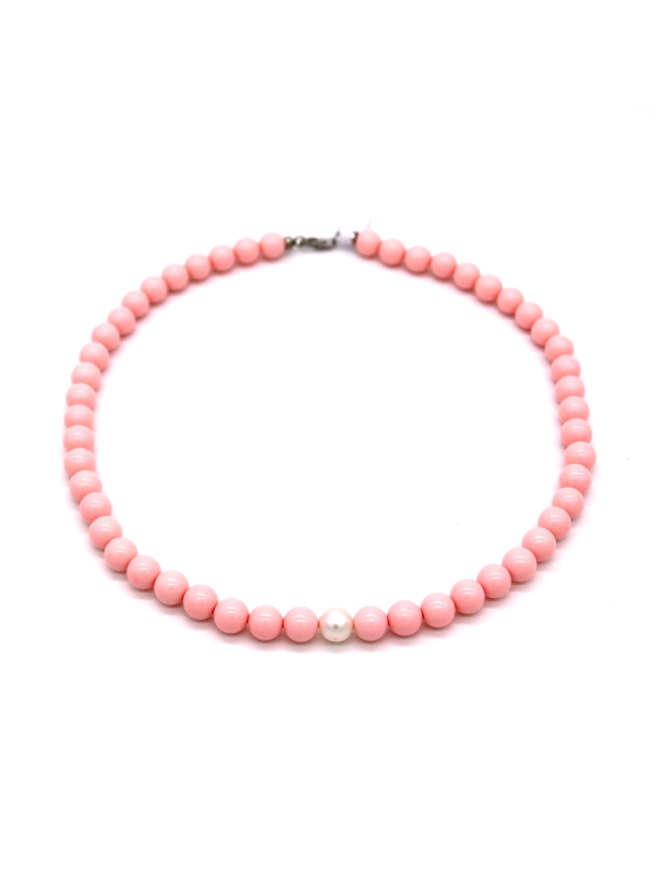 Collana Nadir Donna Pasta di Corallo Rosa con Perla Bianca Coltivata Centrale
