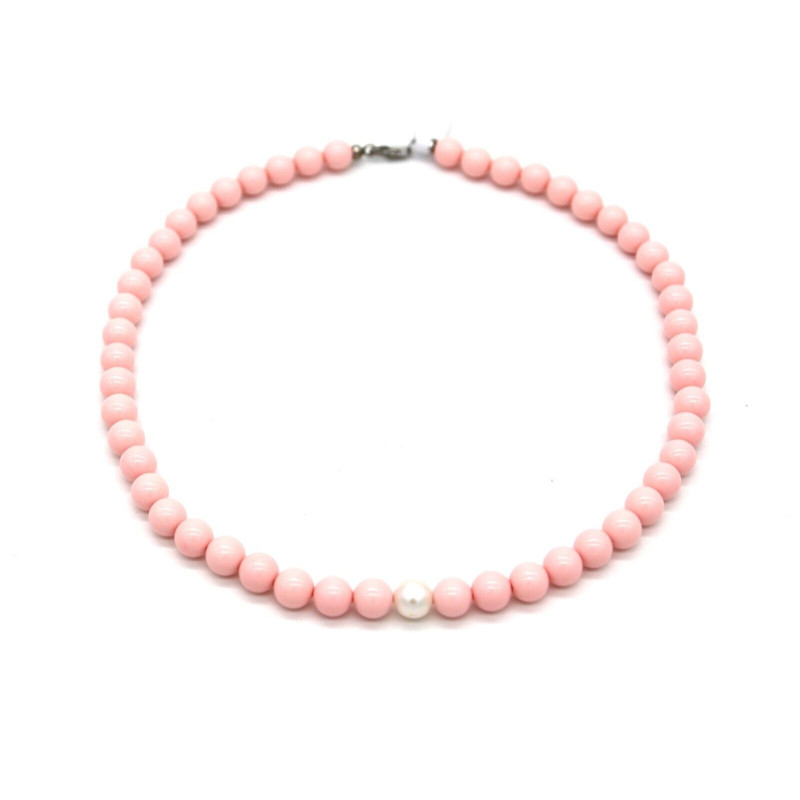 Collana Nadir Donna Pasta di Corallo Rosa con Perla Bianca Coltivata Centrale