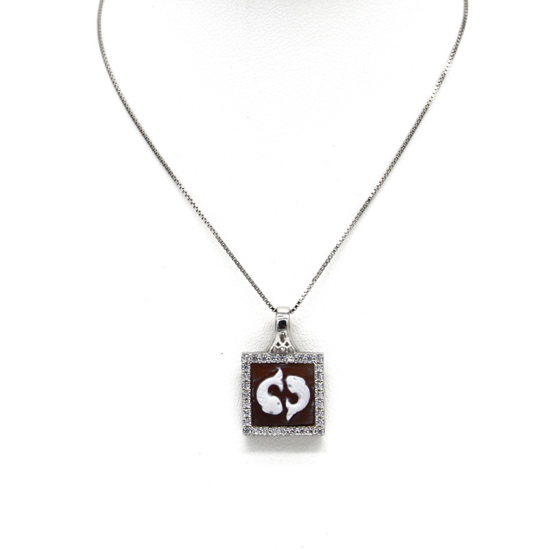 Collana Donna in Argento 925% con Ciondolo Segno Zodiacale Pesci Cammeo