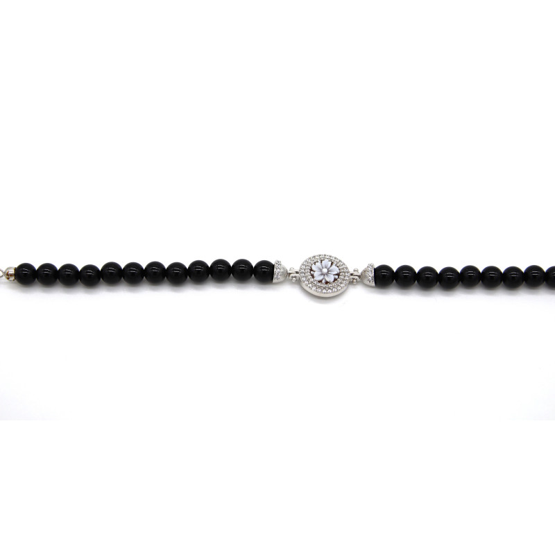 Bracciale Donna Nadir in Pasta di Corallo Nero, Centrale Fiore in Argento 925 20 cm