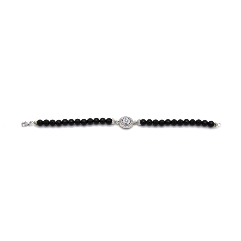 Bracciale Donna Nadir in Pasta di Corallo Nero, Centrale Fiore in Argento 925 20 cm