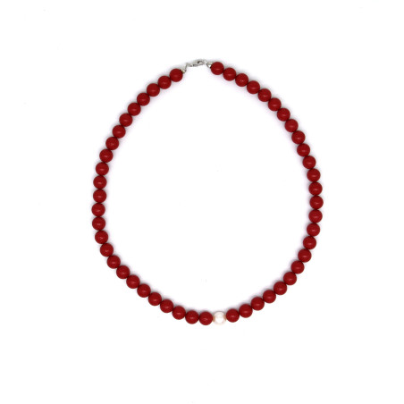 Collana Donna Nadir in Pasta di Corallo Rosso con Perla Bianca Coltivata Centrale