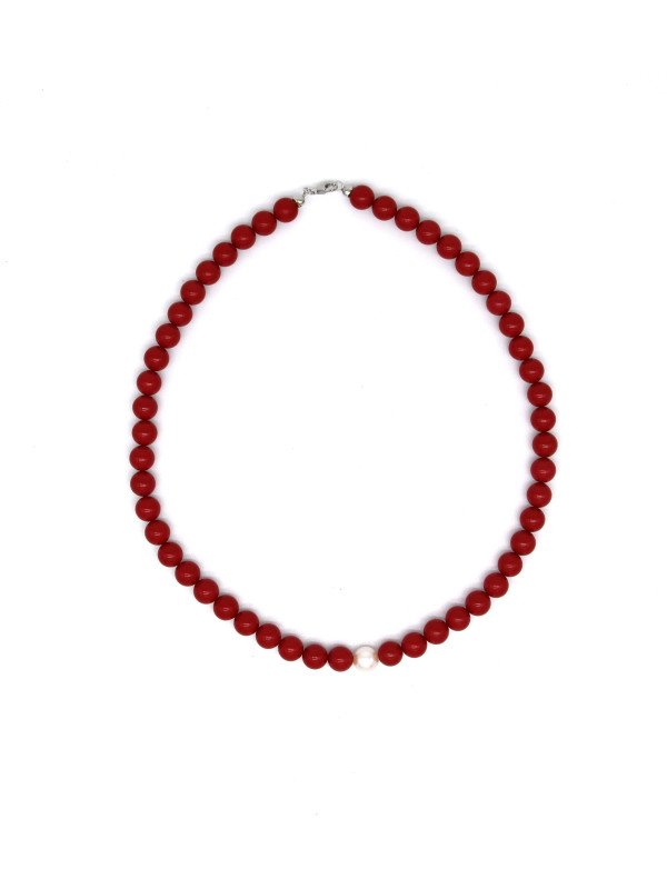 Collana Donna Nadir in Pasta di Corallo Rosso con Perla Bianca Coltivata Centrale