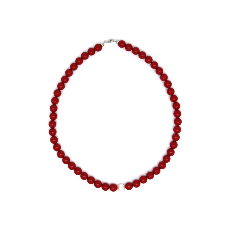 Collana Donna Nadir in Pasta di Corallo Rosso con Perla Bianca Coltivata Centrale