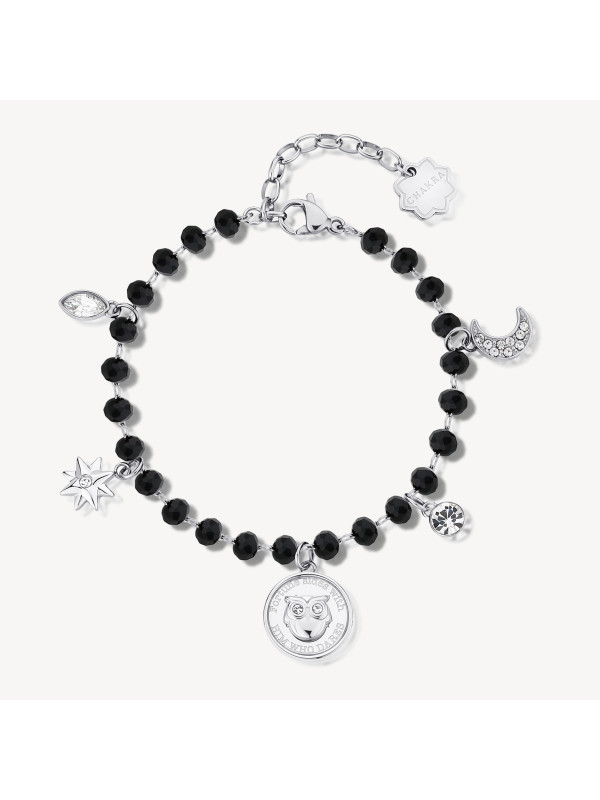 Bracciale Donna Brosway Chakra BHKB130 Portafortuna in Acciaio Silver e Nero Gufo