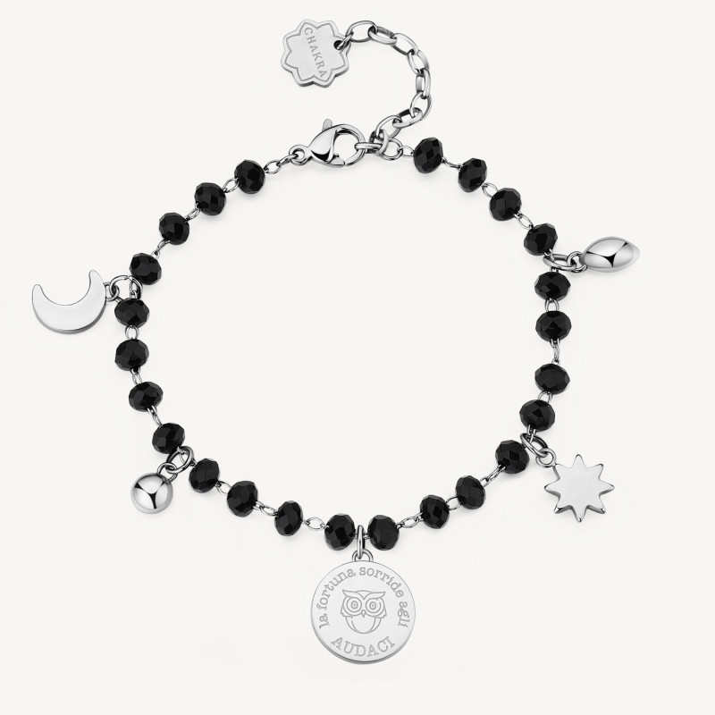 Bracciale Donna Brosway Chakra BHKB130 Portafortuna in Acciaio Silver e Nero Gufo