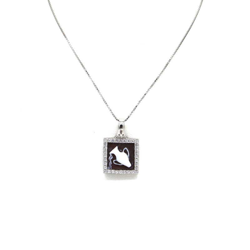 Collana Donna in Argento 925% con Ciondolo Segno Zodiacale Acquario Cammeo