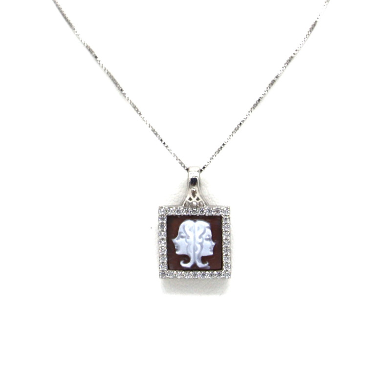 Collana Donna Nadir in Argento 925% con Ciondolo Segno Zodiacale Gemelli Cammeo con Conchiglia Sarda