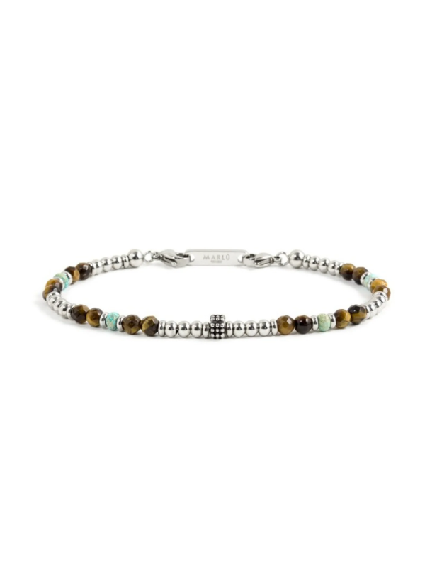 Bracciale Uomo Marlù 1BR0008 in Acciaio 316L Argento e Marrone Pietra Turchese